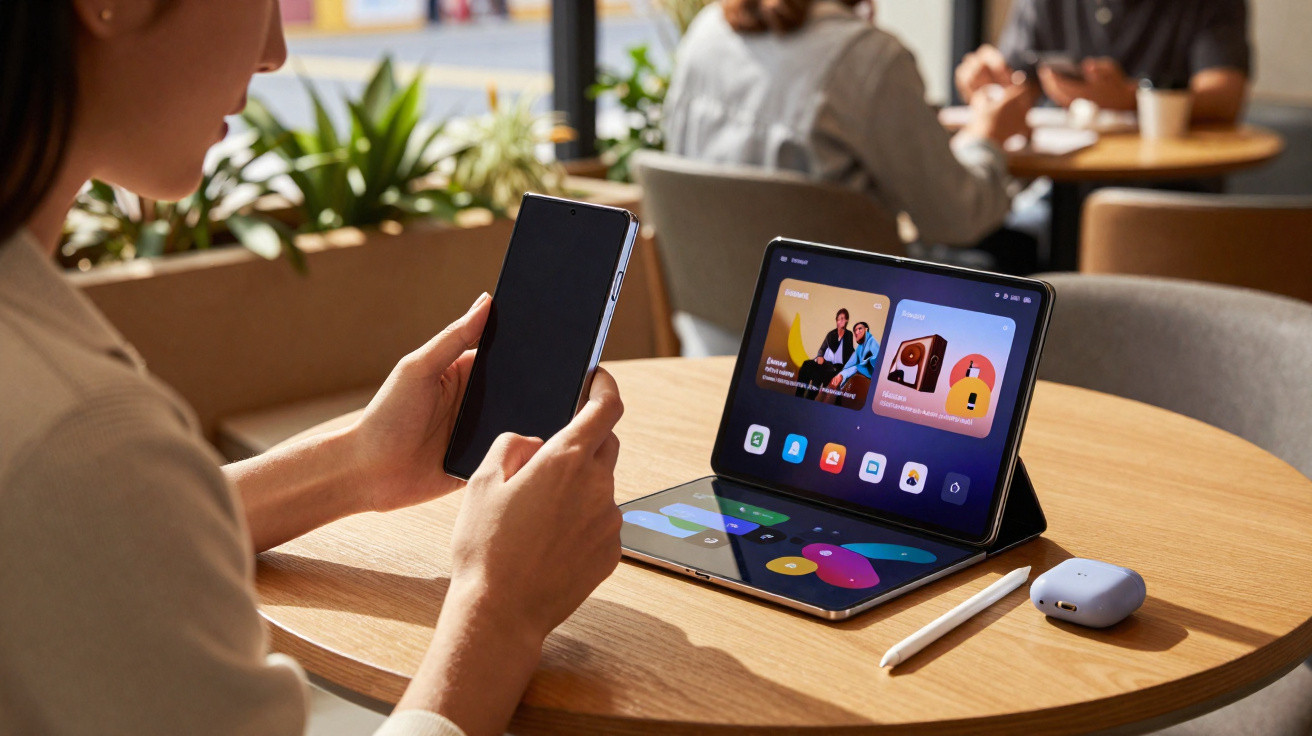 Pessoa a usar telemóvel e tablet dobrável numa mesa com auriculares, caneta digital e plantas ao fundo.