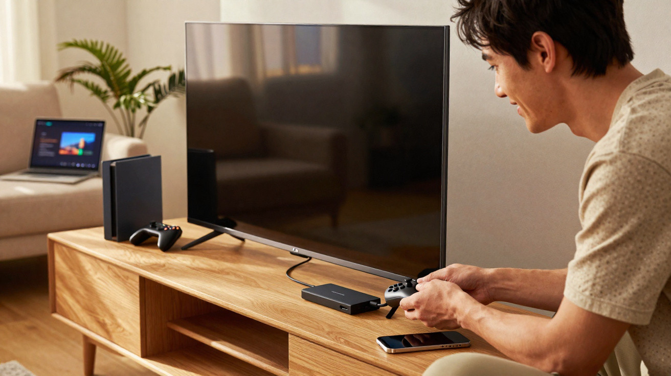 Homem sentado a jogar videojogos numa consola ligada a uma televisão numa sala moderna.