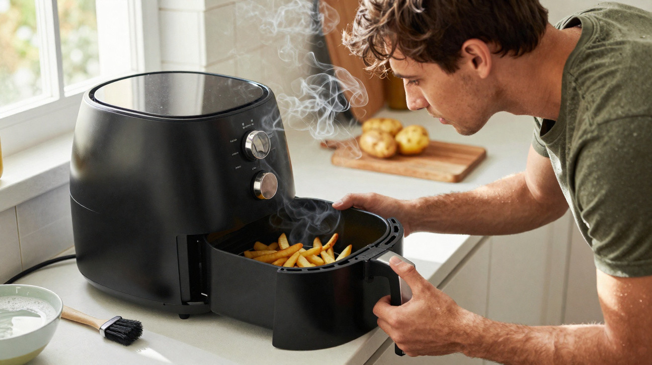 Homem tira batatas fritas a vapor de uma fritadeira elétrica na cozinha.