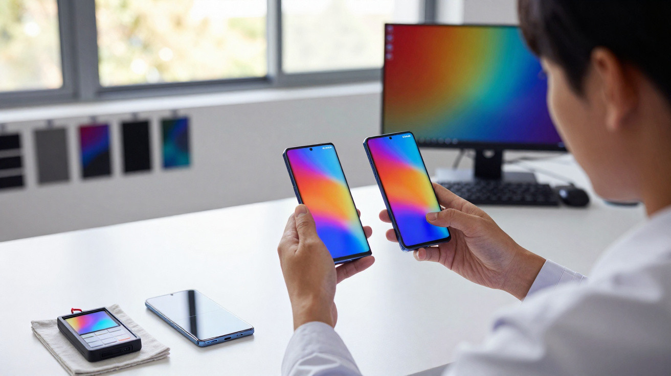 Pessoa segurando dois smartphones com ecrãs coloridos numa mesa com dispositivos eletrónicos e um computador.