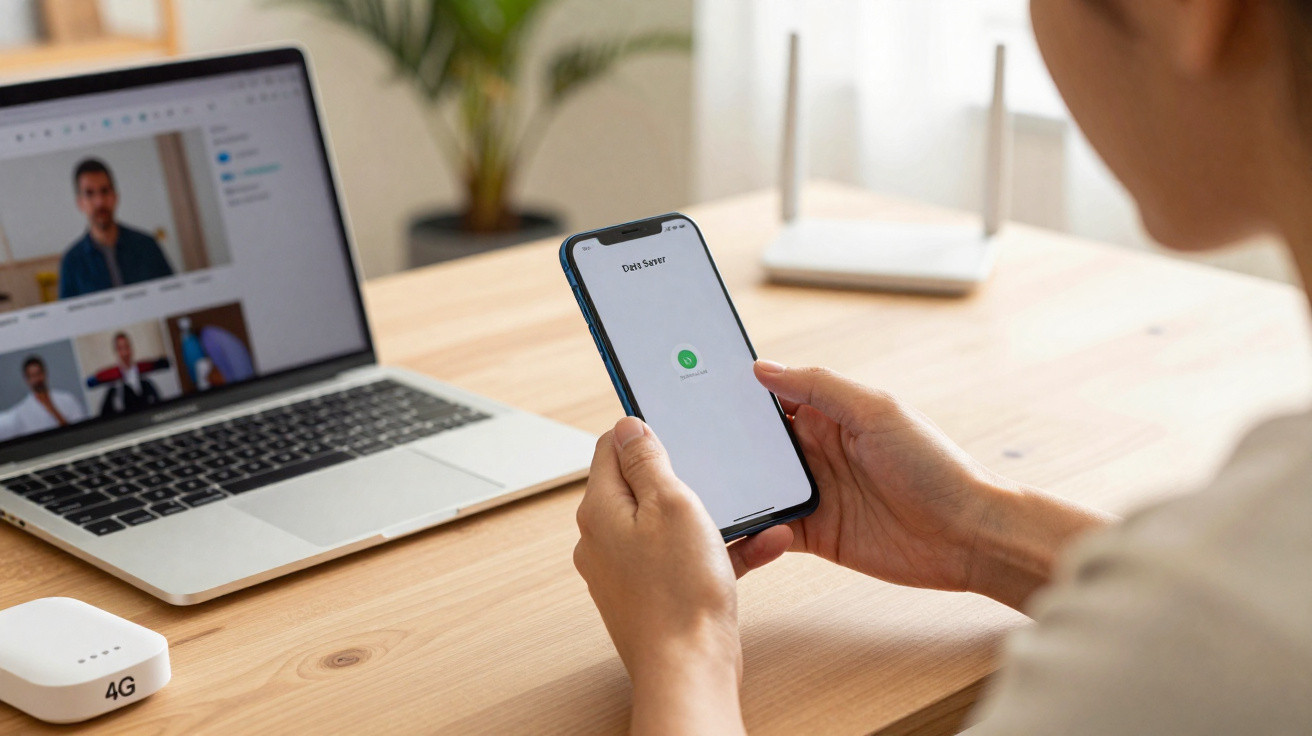 Pessoa segurando smartphone com ecrã branco, mesa em madeira com portátil e router 4G.