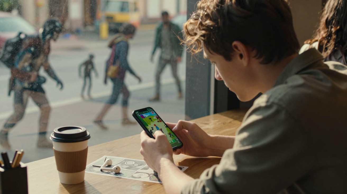 Jovem sentado numa esplanada a jogar num smartphone com café e auscultadores numa mesa.