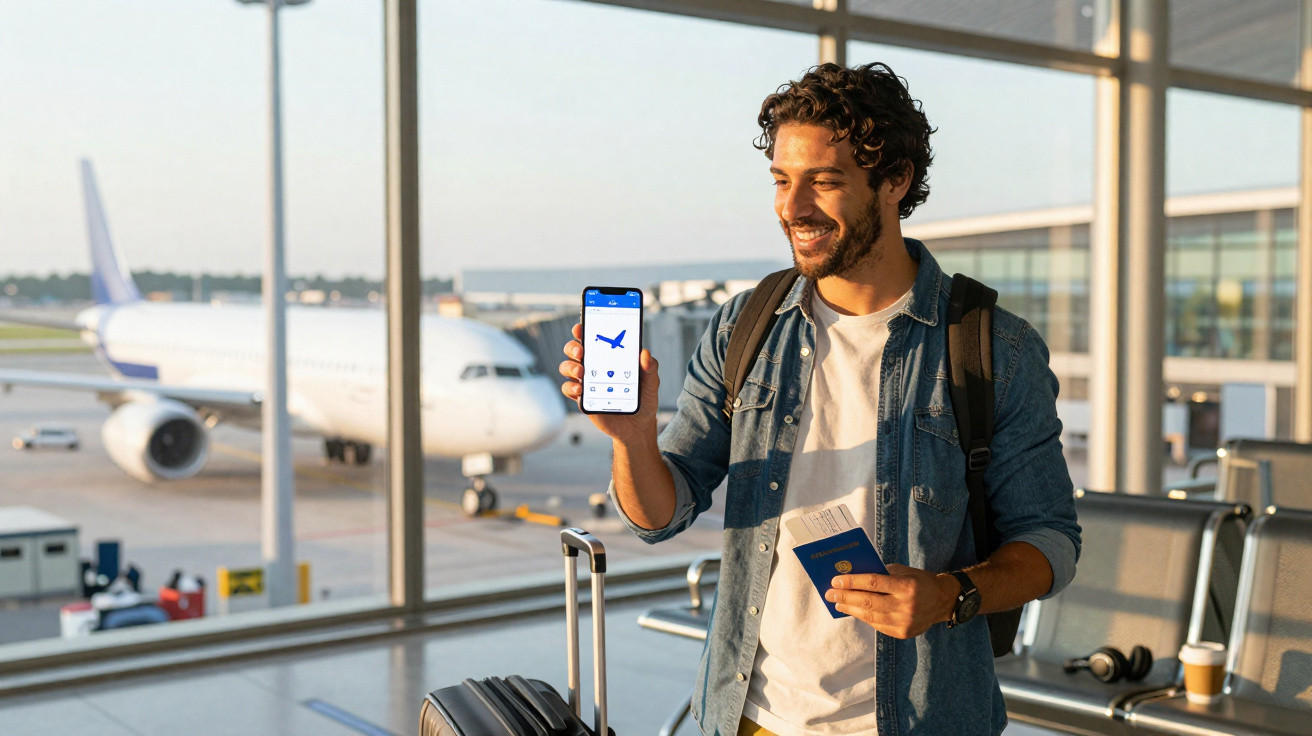 Homem sorridente no aeroporto a mostrar aplicação de voo no telemóvel, com mala, passaporte e avião ao fundo.