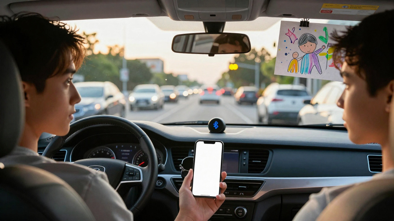 Duas pessoas dentro de um carro parado no trânsito, uma segura um telemóvel com ecrã branco.