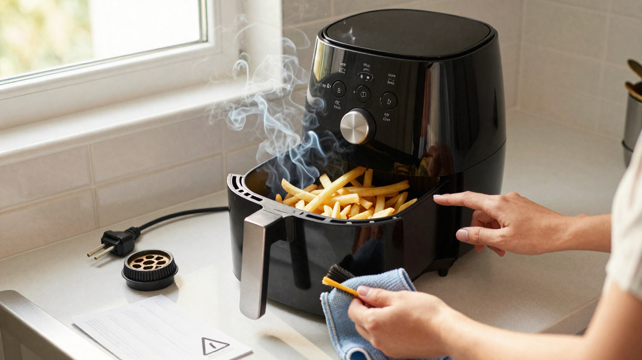 Máquina de fritar com temperatura ajustável a cozinhar batatas fritas, com vapor a sair.