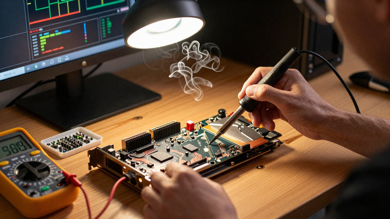 Pessoa solda componente numa placa eletrónica em secretária com multímetro e monitor ligado.