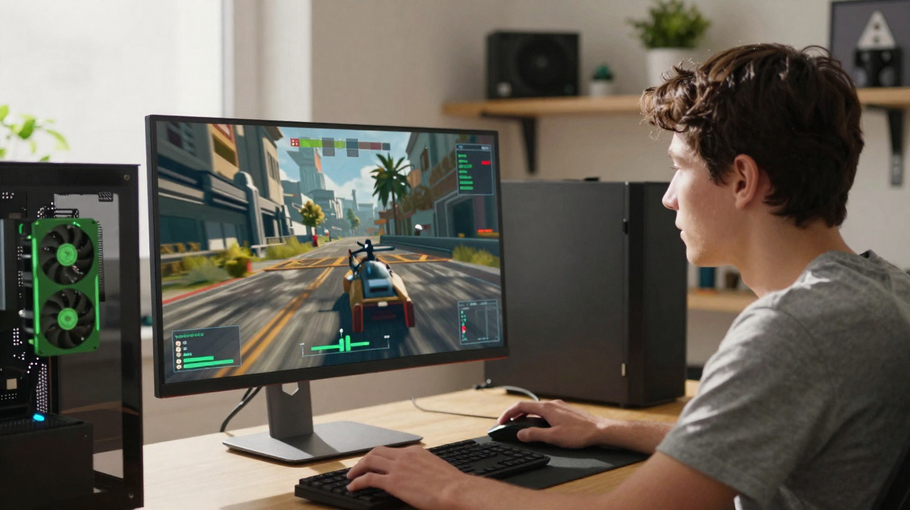 Jovem a jogar videojogo de ação com veículo armado num computador de secretária.