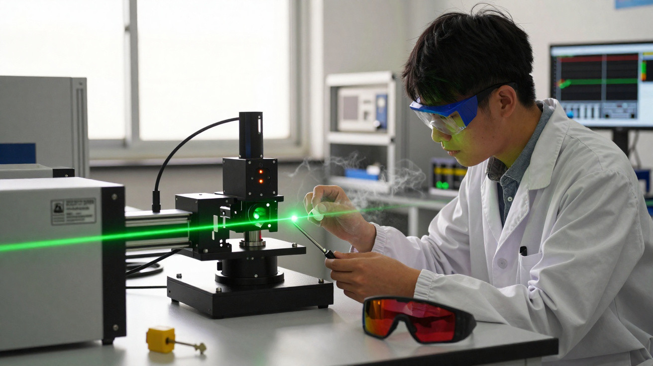 Cientista asiático com bata e óculos de proteção a manipular equipamento com feixe de laser verde num laboratório.
