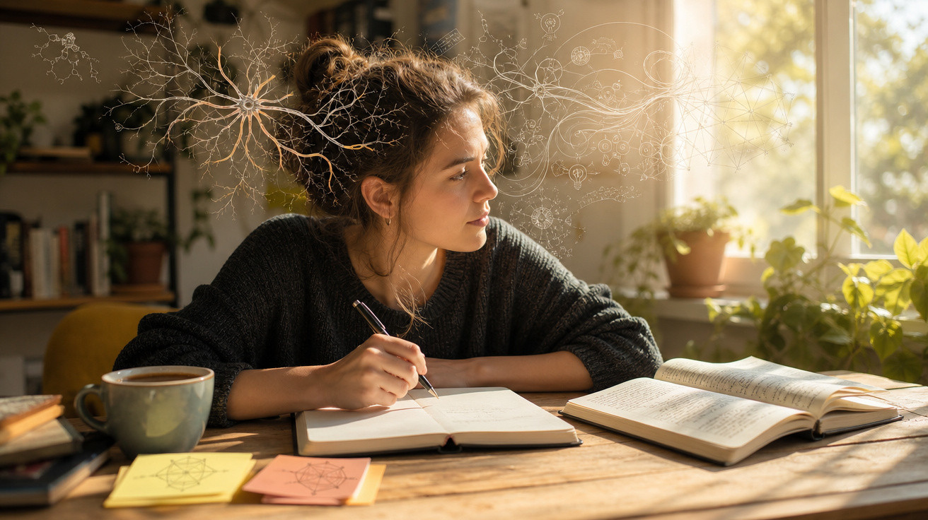 Mulher a estudar numa mesa com livros e caderno, luz natural e ilustrações de neurónios em fundo digital.