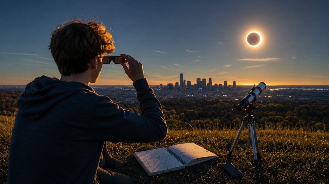 Pessoa observa eclipse solar com óculos de proteção e telescópio, com caderno e cidade ao fundo ao pôr do sol.