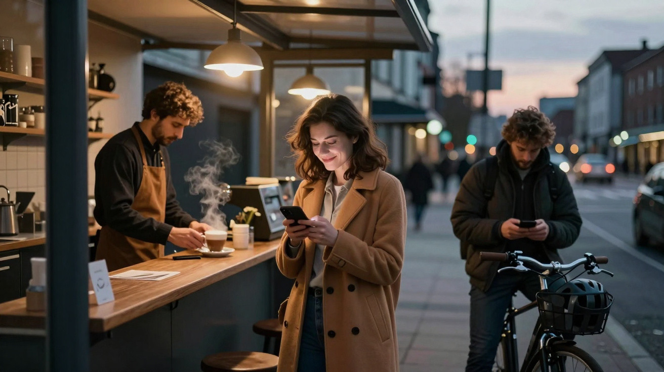 Mulher a sorrir ao usar telemóvel junto a café com barista e homem com bicicleta na rua ao anoitecer.