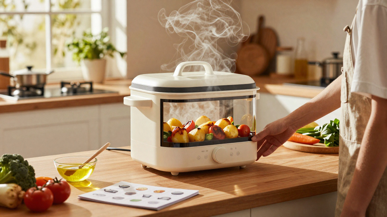 Pessoa a usar robot de cozinha a vapor com legumes e frutas dentro numa cozinha iluminada.