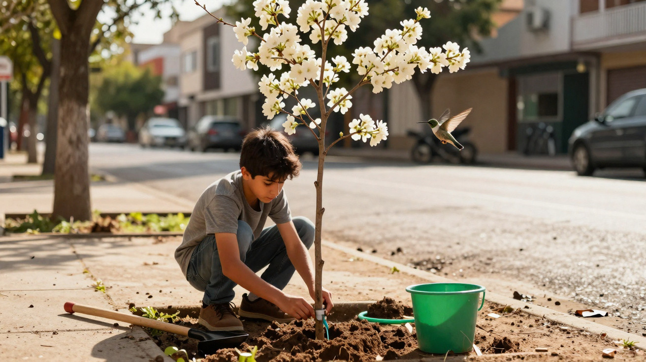 Criança a plantar árvore florida numa calçada urbana, com um beija-flor em voo próximo.