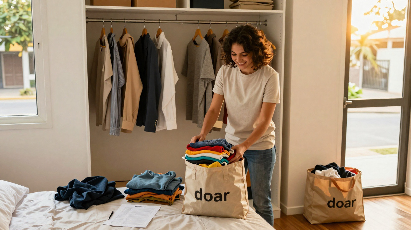 Mulher a organizar roupas para doação em sacos num quarto iluminado pela luz do dia.