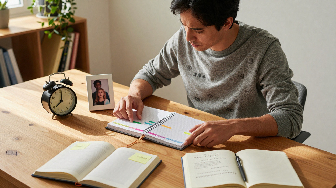 Homem a estudar numa mesa com livros, agenda, despertador e fotografia em moldura.