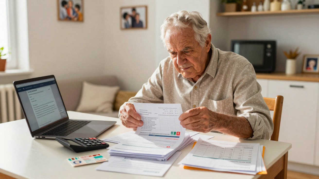 Idoso sentado à mesa a analisar documentos com computador portátil e calculadora ao lado.