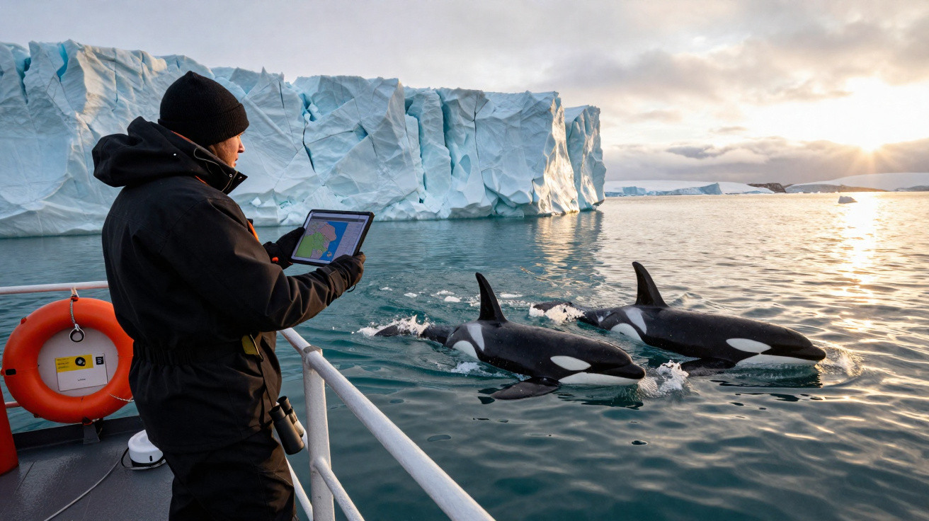 Pessoa num barco com tablet observa duas orcas nadando perto de um icebergue ao pôr do sol.