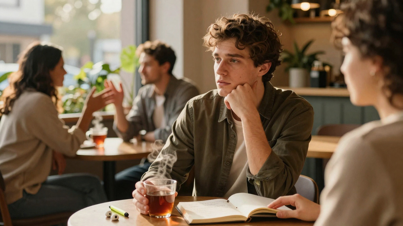 Jovem pensativo com chá quente à frente, sentado numa mesa de café com outra pessoa, enquanto um casal conversa ao fundo.