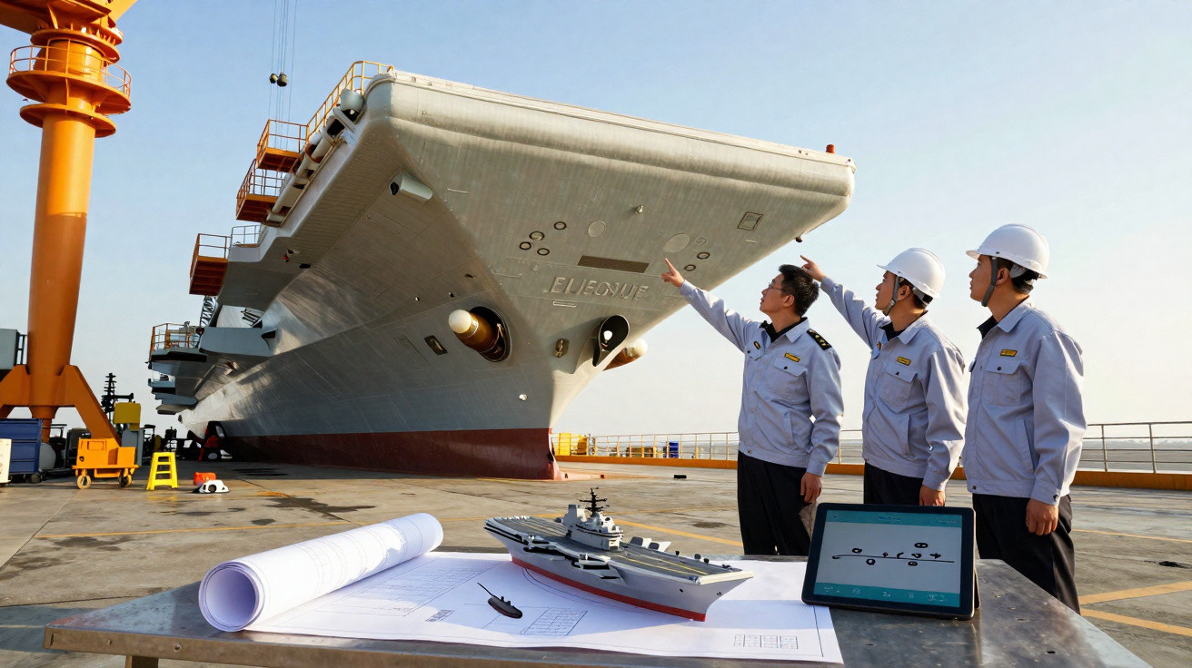 Três homens de capacete e farda inspecionam porta-aviões em doca, com maquete e plantas na mesa à frente.