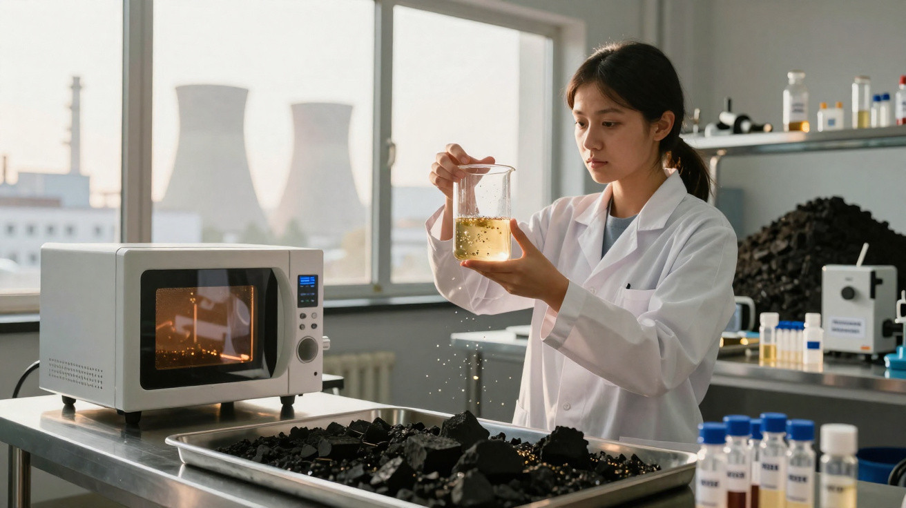 Cientista num laboratório a analisar líquido num béquer, com carvão e equipamento científico na bancada.