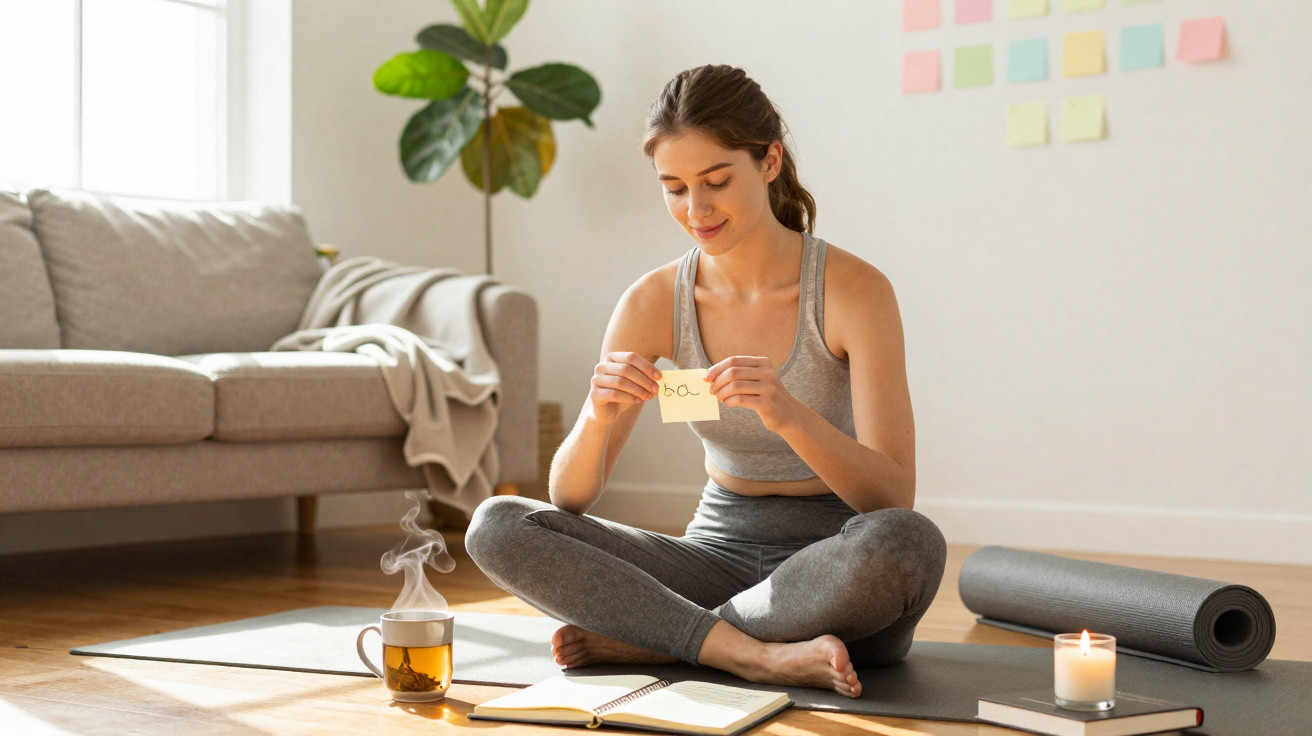Mulher sentada no chão com roupa desportiva, lendo nota, junto a chá quente, caderno e vela num tapete de yoga.