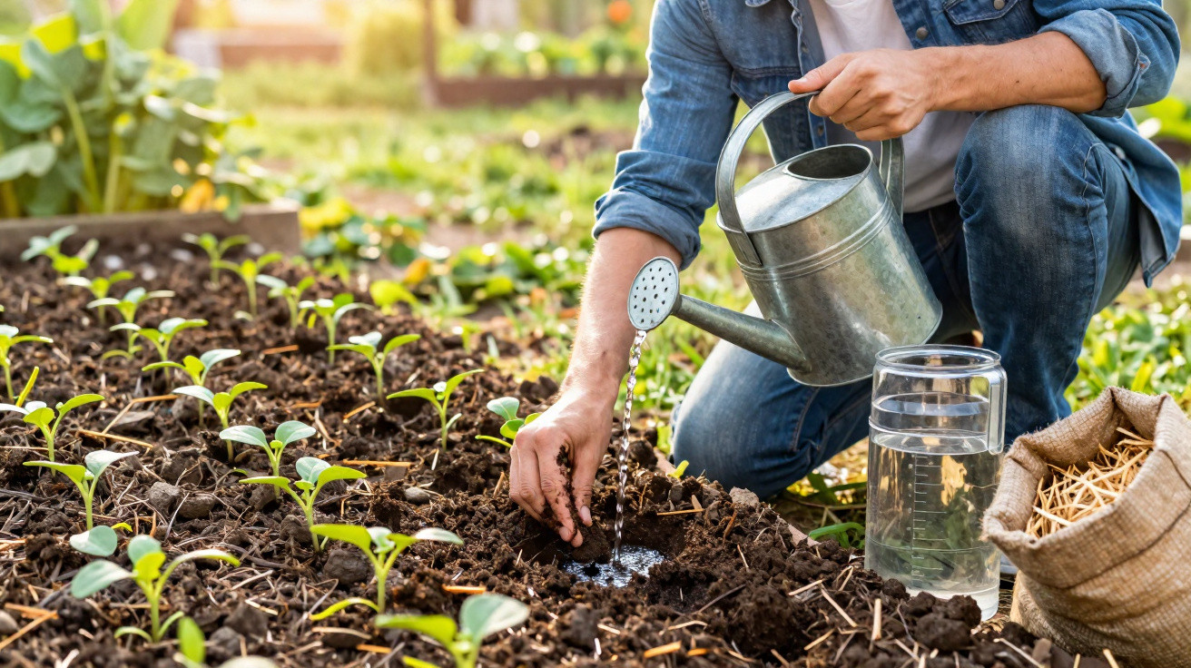 Pessoa a regar mudas numa horta com regador metálico, rodeada por terra e plantas pequenas.