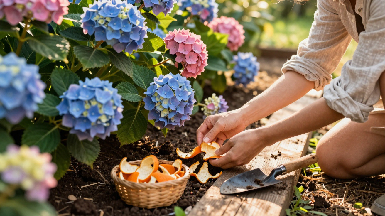 Pessoa a usar cascas de laranja para fertilizar terra junto a flores azuis e rosas de hortênsia.