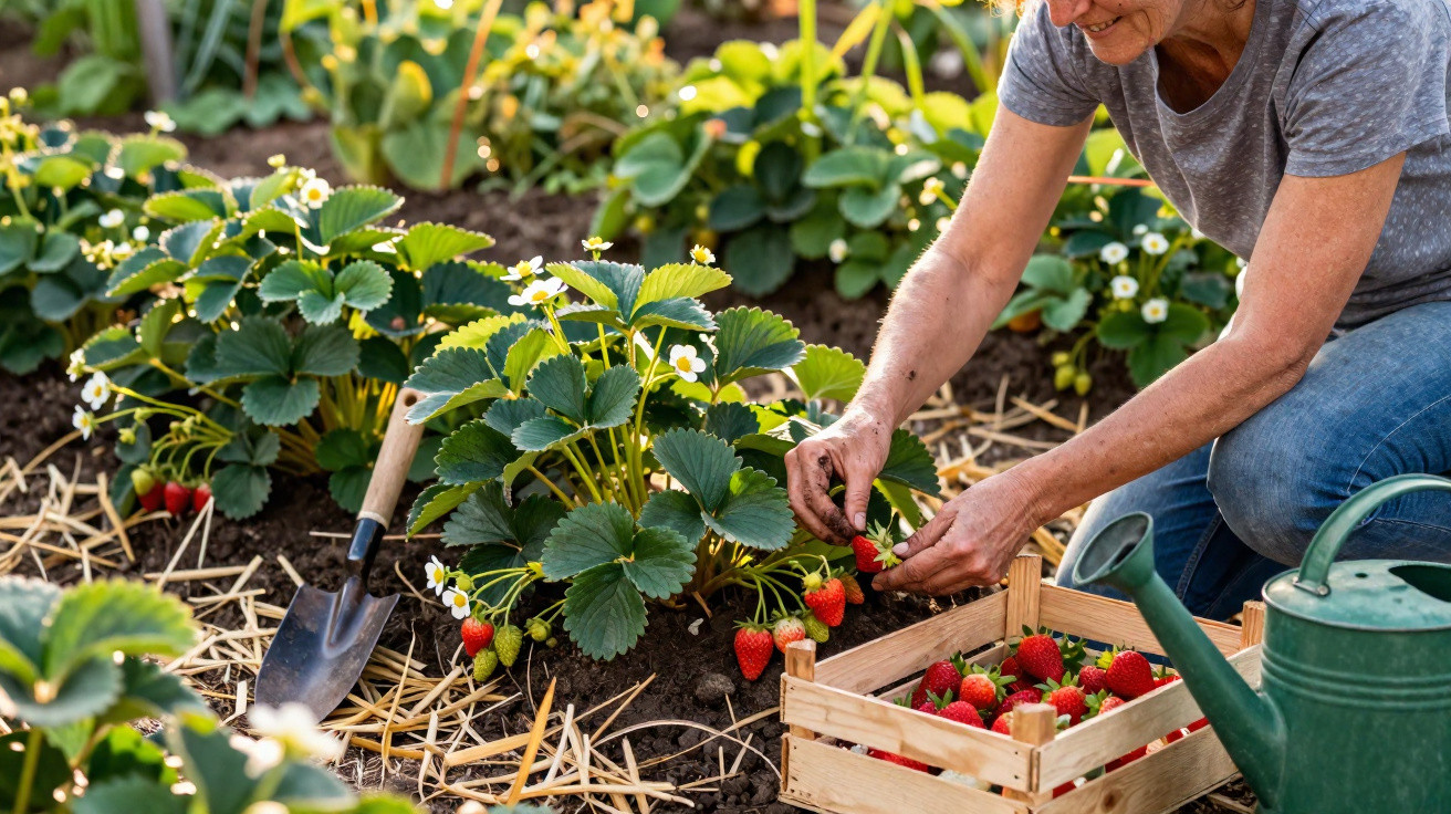 Pessoa a colher morangos maduros num jardim com plantas e caixa de madeira cheia de frutos vermelhos.