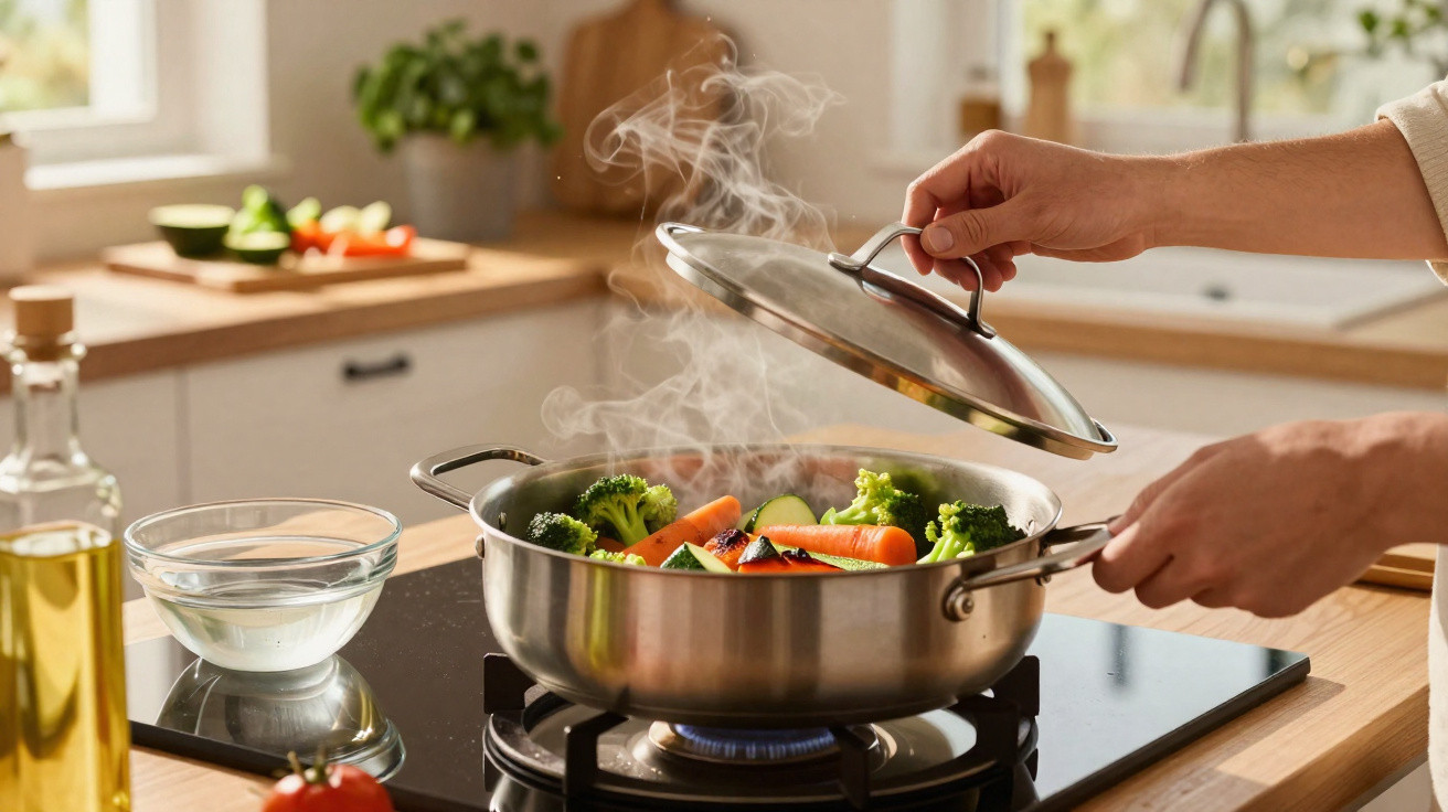 Mãos levantando tampa de panela com legumes a cozinhar a vapor em fogão a gás numa cozinha iluminada.