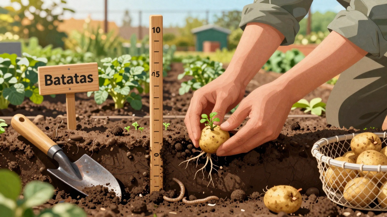 Mãos a plantar muda de batata no solo de uma horta com terra solta, minhocas e ferramenta de jardim.
