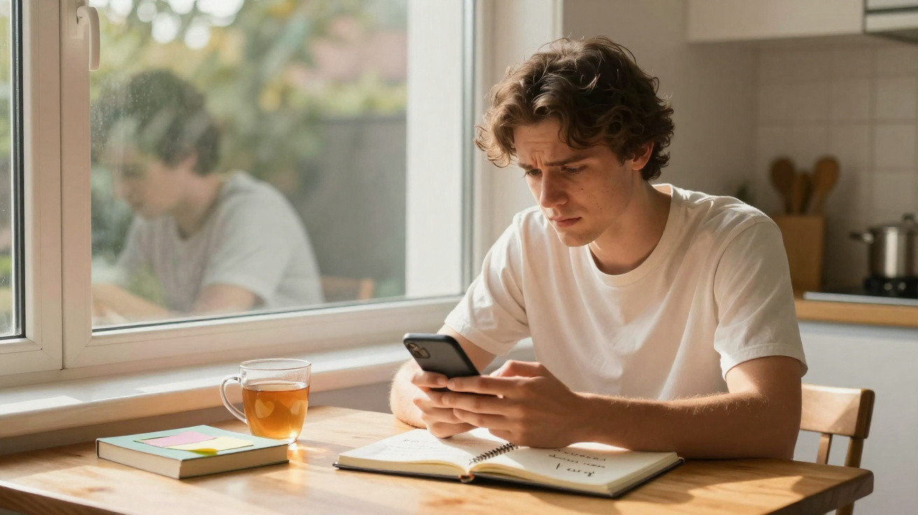 Jovem sentado à mesa com livro aberto, a olhar preocupado para o telemóvel, perto de chá e janela.