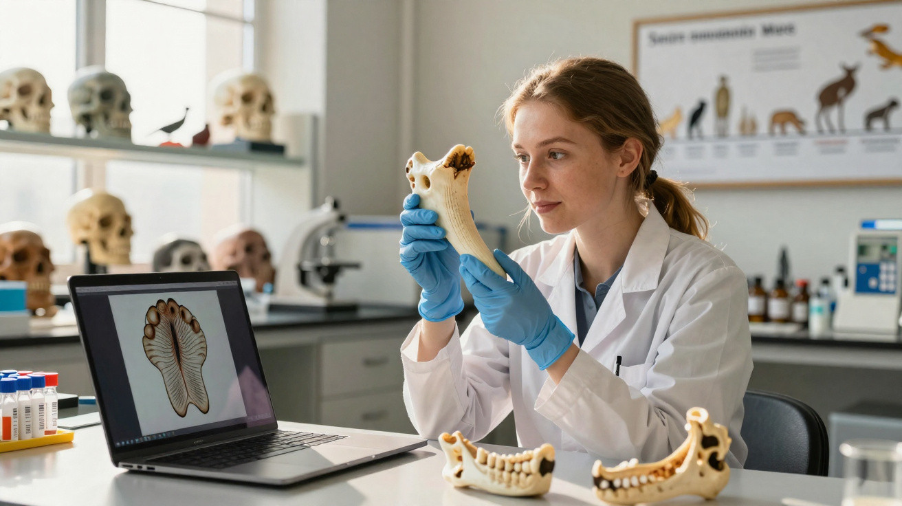 Cientista em laboratório analisa maxilar de animal com luvas azuis e computador com imagem anatómica.