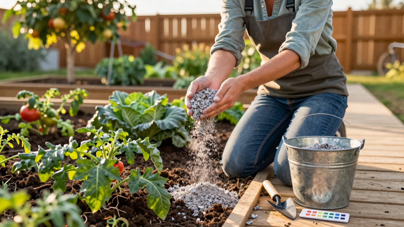 Pessoa a fertilizar plantas num jardim com um balde metálico e uma caixa de testes ao lado.