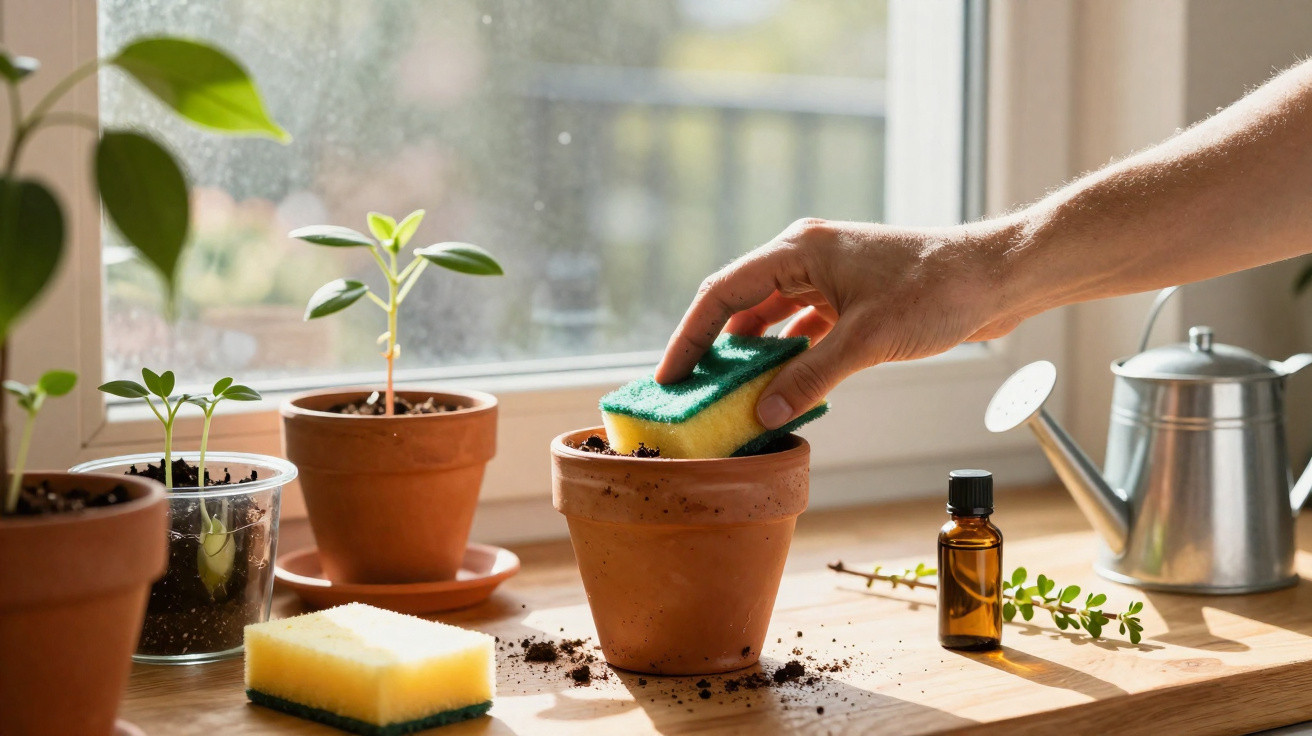 Mão limpa vaso de barro com esponja, rodeado por plantas, regador e frasco sobre mesa perto da janela.
