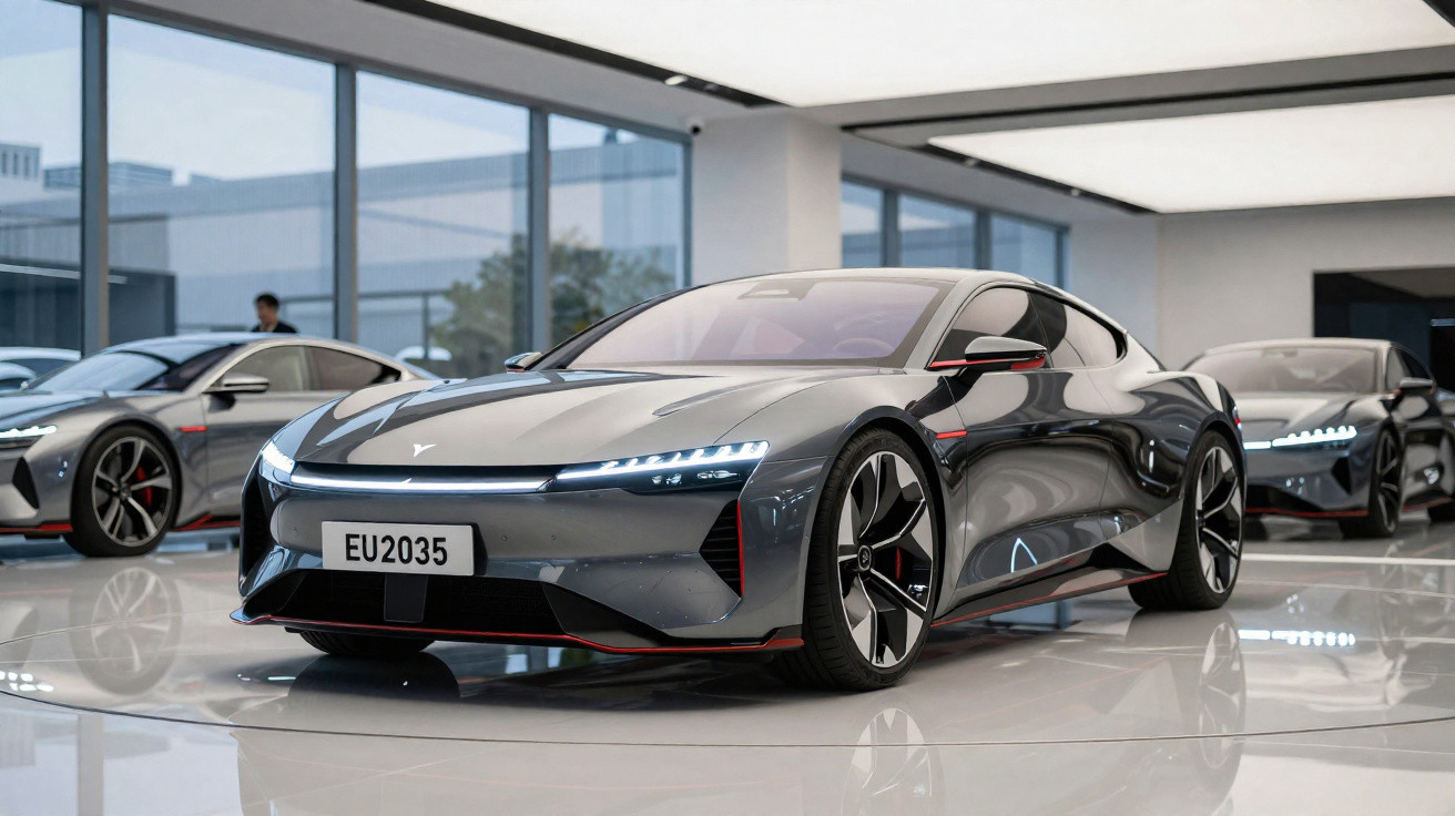 Carro desportivo elétrico cinzento com design futurista em exposição numa sala moderna e iluminada.