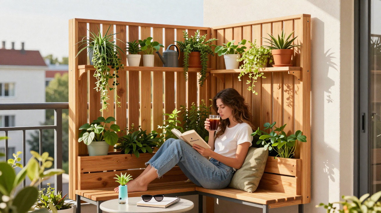 Mulher sentada num banco de madeira na varanda, a ler um livro e a beber chá, rodeada de plantas.