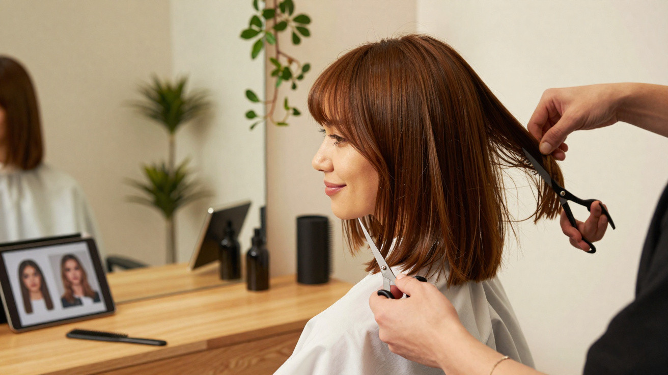 Mulher sorridente a cortar o cabelo num cabeleireiro, com espelho e tablet ao fundo mostrando modelos de cortes.