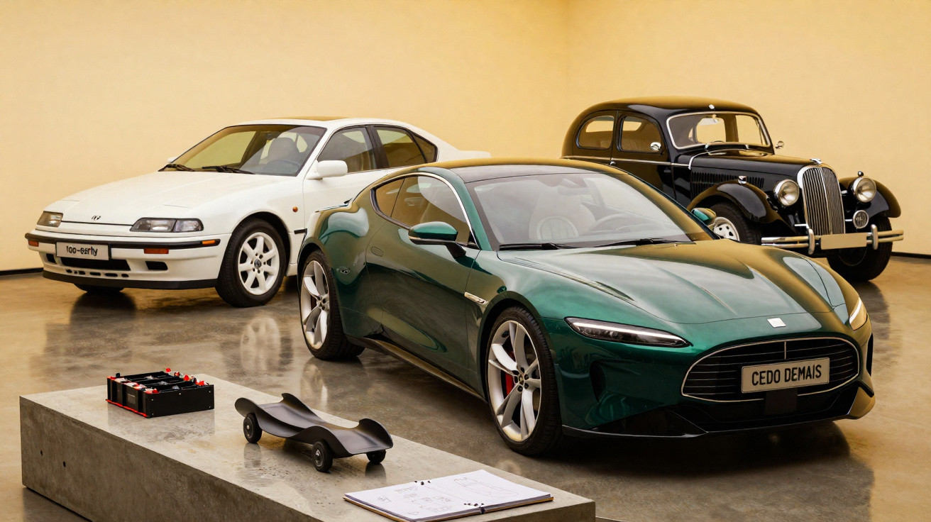 Três carros de diferentes épocas expostos em espaço interior com acabamento minimalista e luz natural.