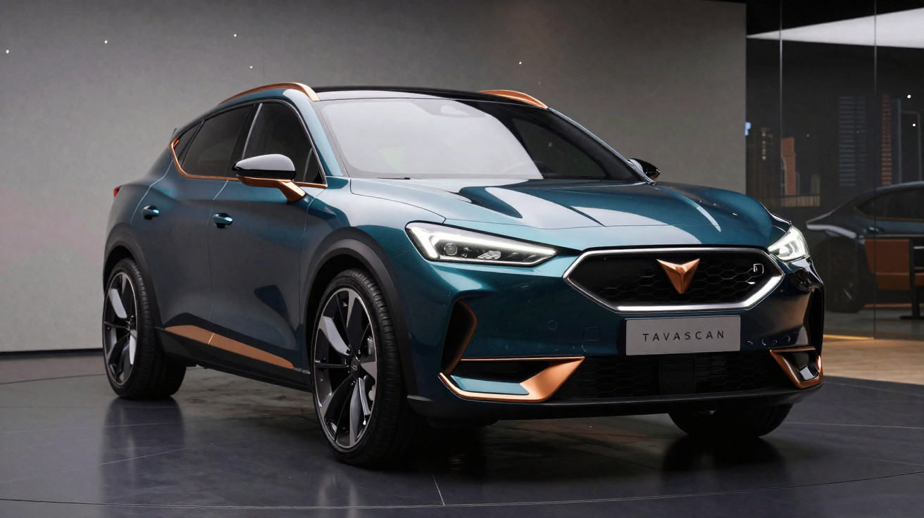Carro elétrico SUV Cupra Tavascan azul com detalhes em bronze, apresentado em sala moderna.