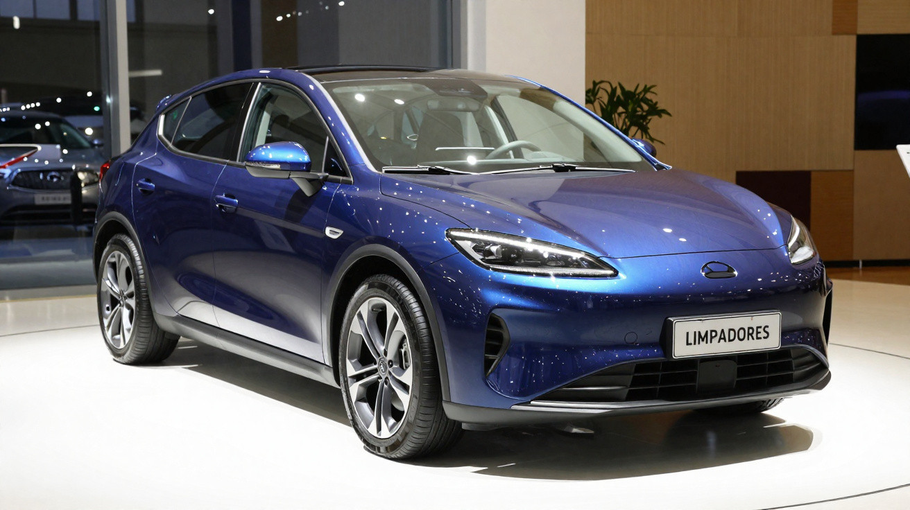 Carro elétrico azul moderno apresentado em stand interior com placa frontal escrita "Limpadores".