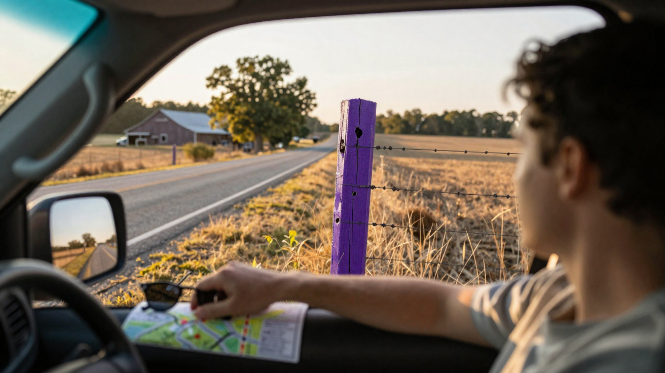 Homem dentro de carro a olhar para um mapa, com paisagem rural e poste roxo numa estrada ao entardecer.
