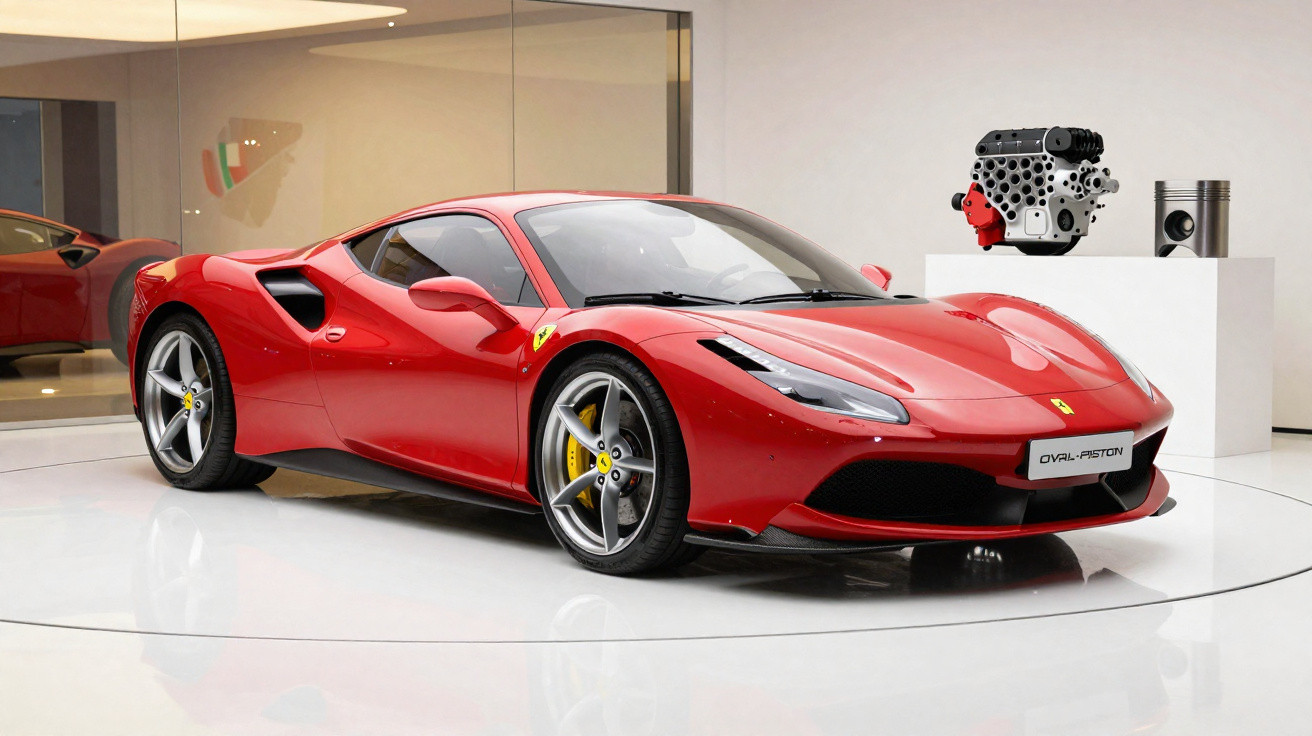 Carro desportivo vermelho Ferrari exibido numa plataforma branca num showroom minimalista.