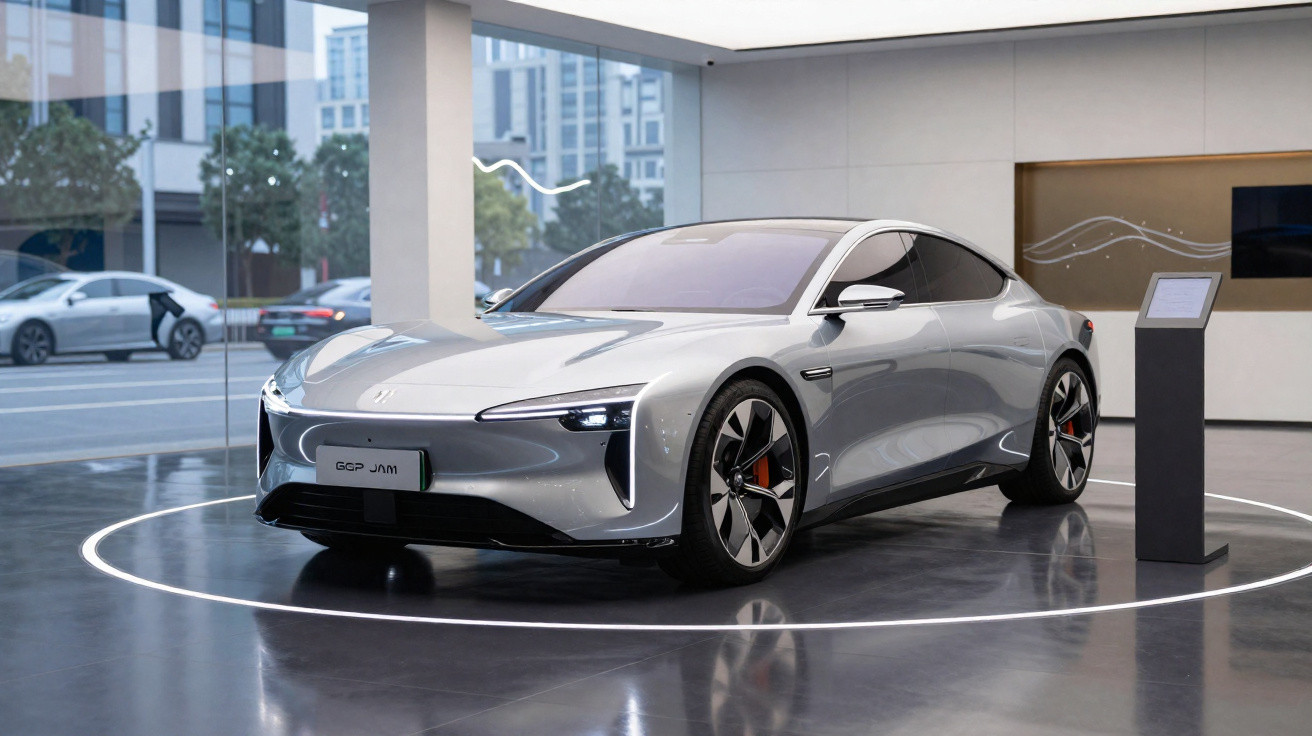 Carro elétrico desportivo prateado em exposição num showroom moderno com grandes janelas.