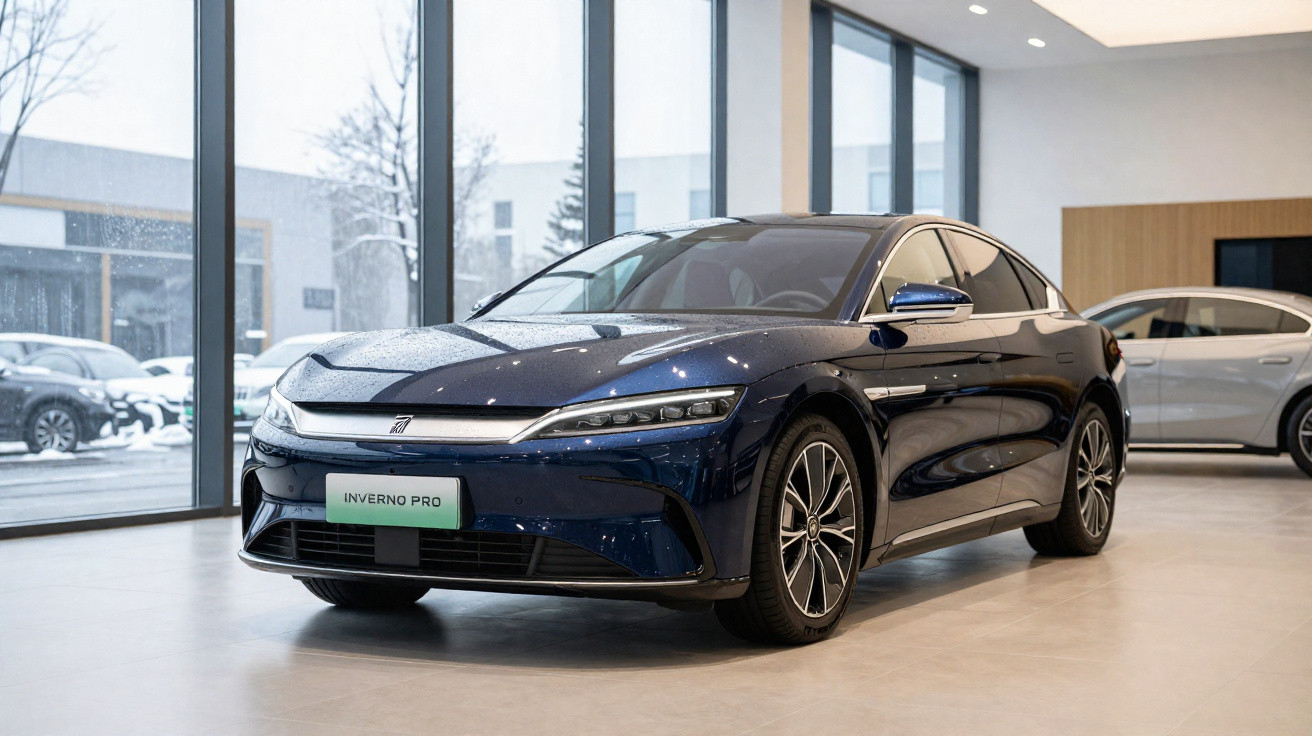 Automóvel elétrico azul escuro Inverno Pro exposto em salão de automóveis moderno.
