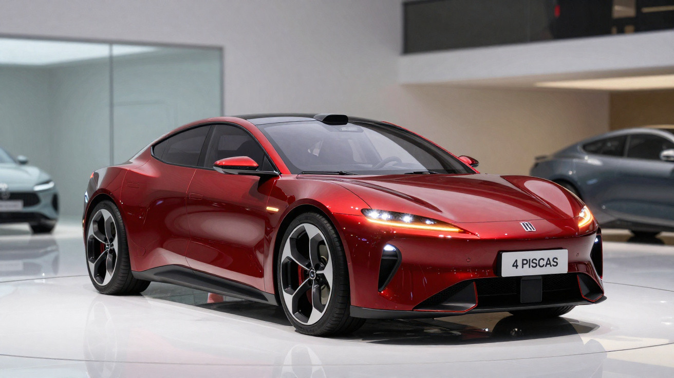 Carro elétrico desportivo vermelho brilhante em exposição num salão automóvel moderno.