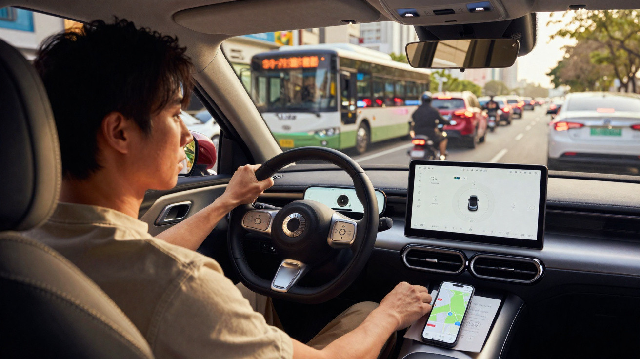 Pessoa a conduzir automóvel elétrico com ecrã digital e aplicação de GPS visíveis no interior do carro.