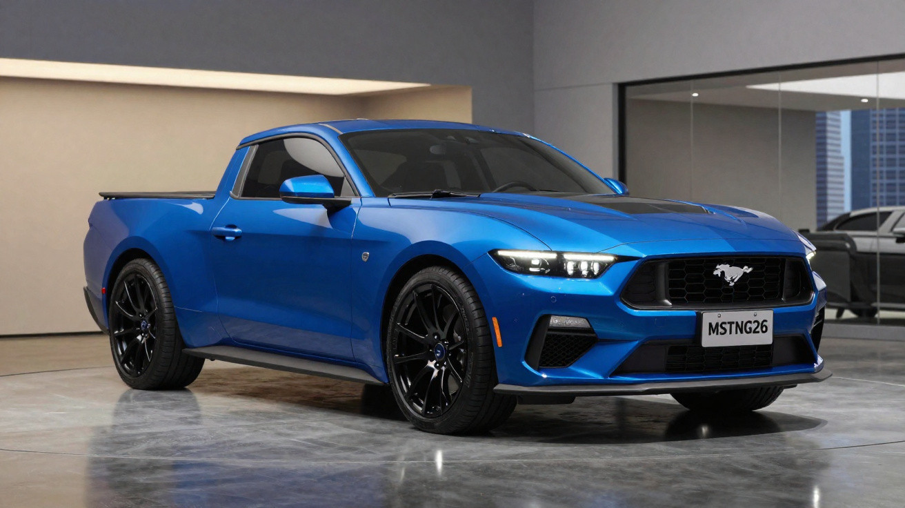 Picape desportiva azul Ford Mustang estacionada num ambiente interior moderno.