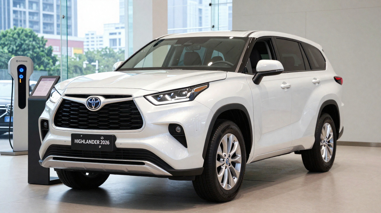 Carro Toyota Highlander 2026 branco estacionado dentro de uma sala de exposição moderna.