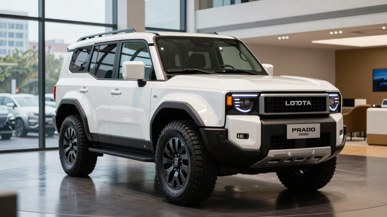 SUV branco Toyota Prado 2026 em exposição numa loja moderna com janelas amplas.
