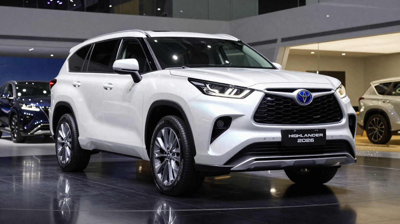 SUV Toyota Highlander 2025 branco apresentado em ambiente interior moderno com chão refletor.